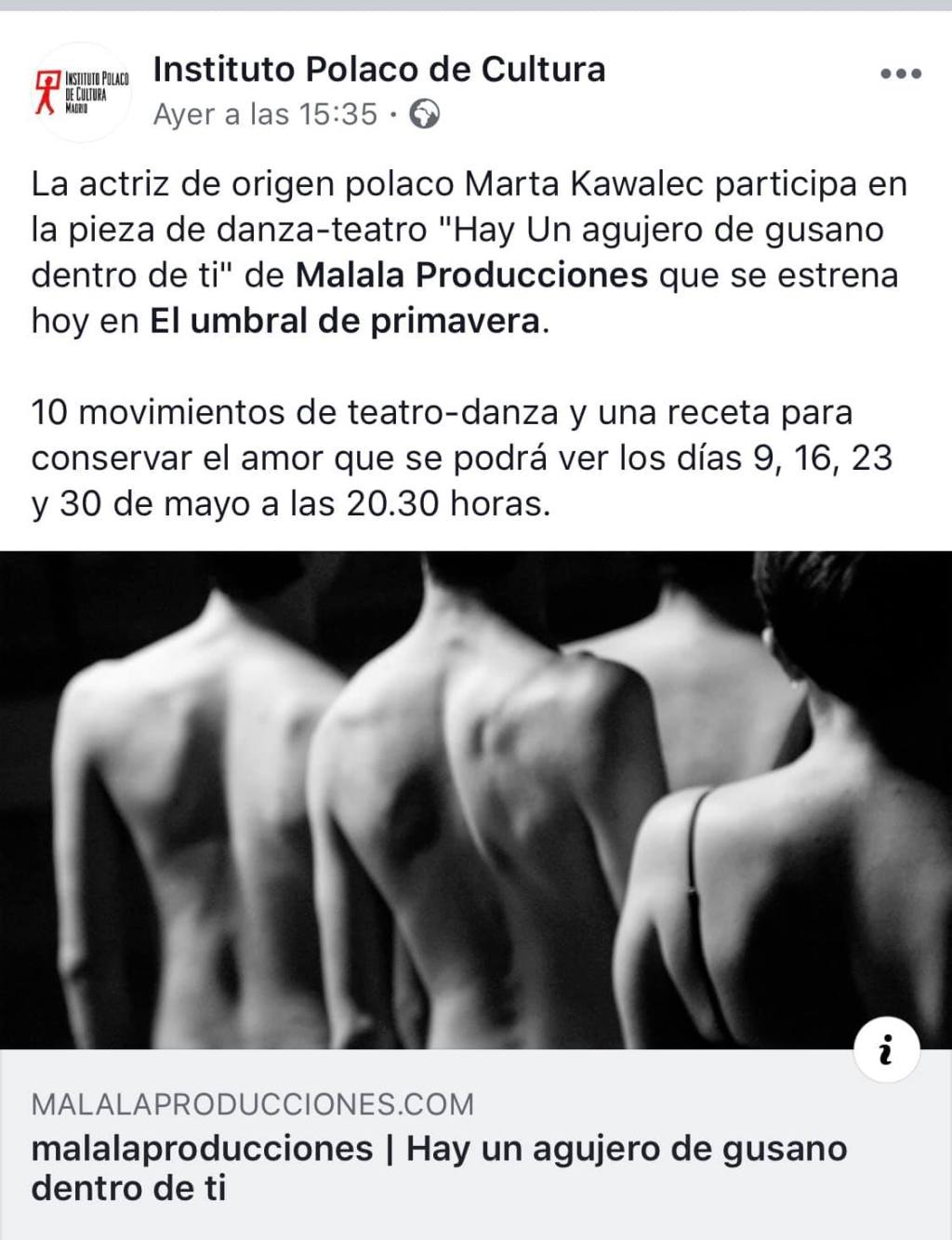 El Instituto Polaco apoya el estreno de la nueva obra de Malala&nbsp;Producciones