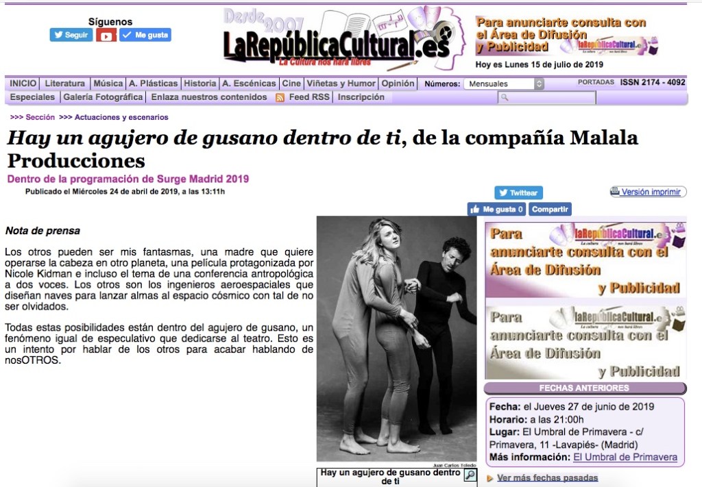 La República Cultural reseña nuestra&nbsp;obra