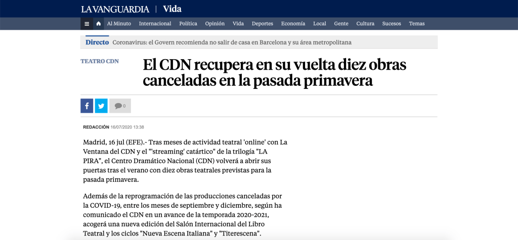 La Vanguardia habla del esperado regreso a los&nbsp;teatros