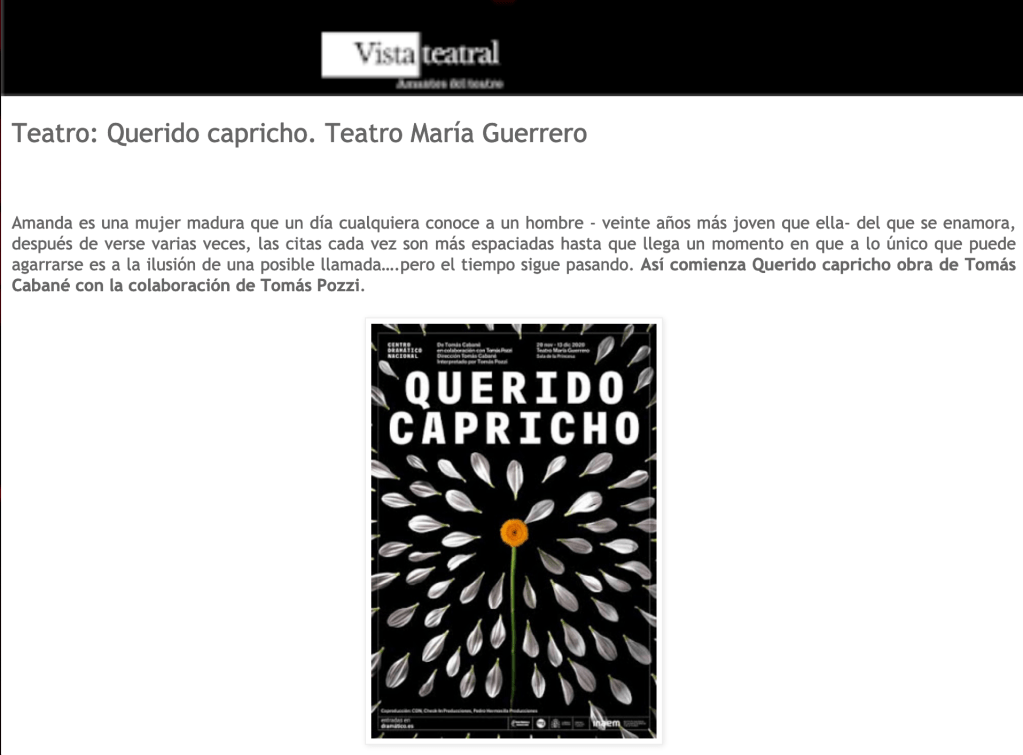 Vista Teatral saca su crítica sobre «Querido&nbsp;capricho»